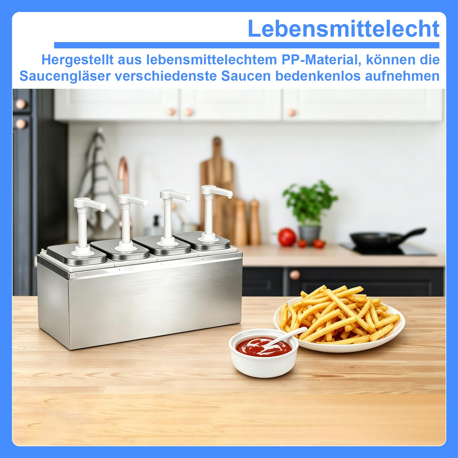 8L Ketchup Spender, Saucenspender mit 4 Pumpen, 8 Etiketten, Abnehmbar, Edelstahl-Gewürzpumpstation Küchensoßenspender, Salat Marmeladen Gewürz Gewürz Quetschpumpenbehälter für Küche und Restaurant
