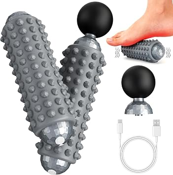Mini Electric Massage Roller 4 Speeds Vibrating Massage Ball, 2-in-1 Portable Muscle Massager Gun & Roller for Muscle Relief, Detachable Heads, Rechargeable, For Fitness, Office, Travel Gray