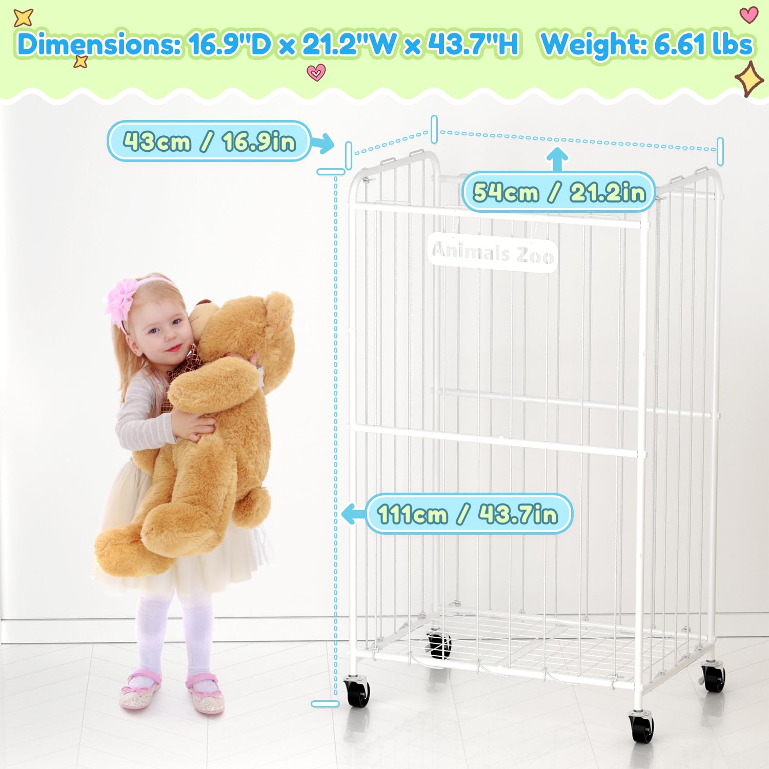 YKDIRECT 210L Stuffed Animal Organizer Plush Toy Storage Basket with Wheels, Metal Frame and Elastic Cord Design