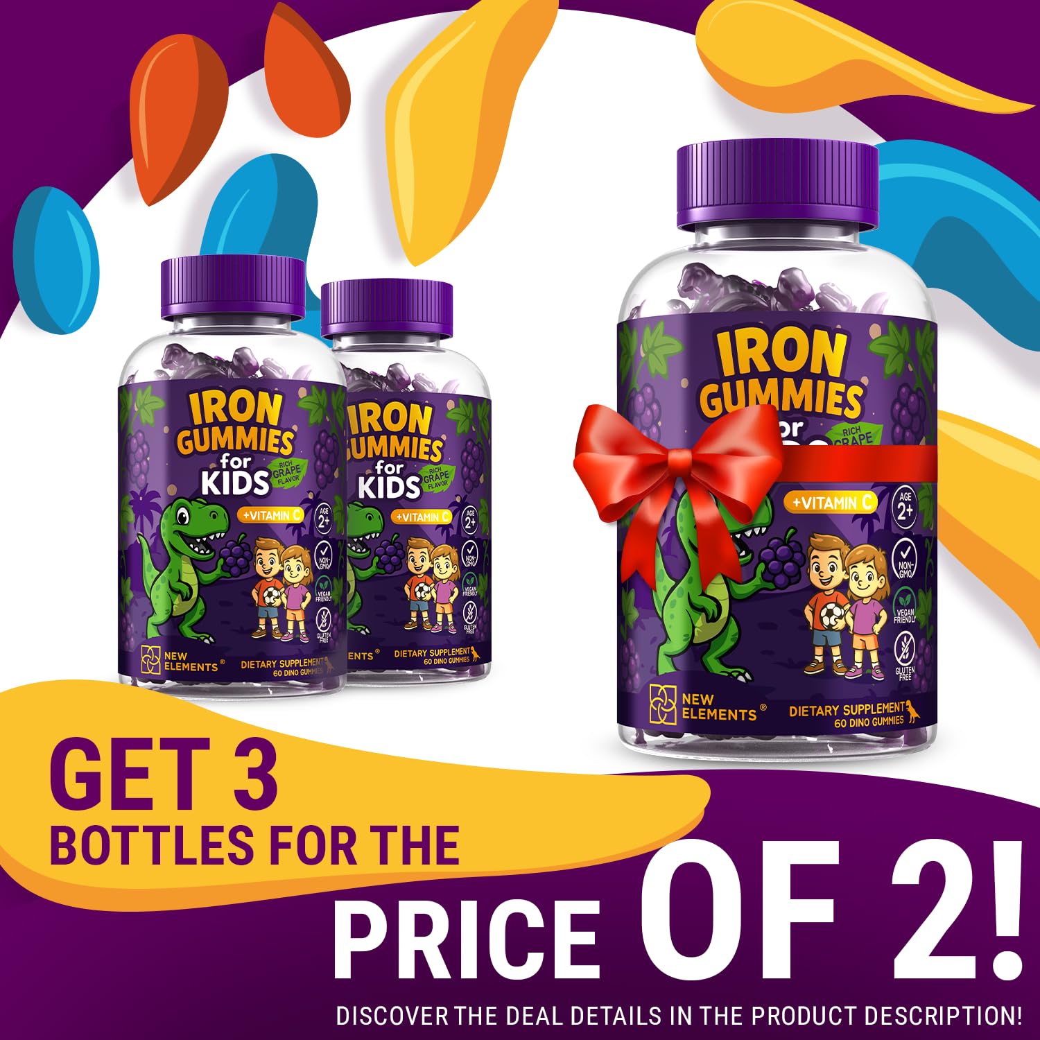 New Elements Iron Dinosaur Gummies for Kids with Vitamin C | Sugar-Free, Vegan, Gluten-Free & Non-GMO | Anemia Relief, Energy & Blood Health Support | Grape Flavor, Pectin-Based for Optimal Health — Amazon image 3