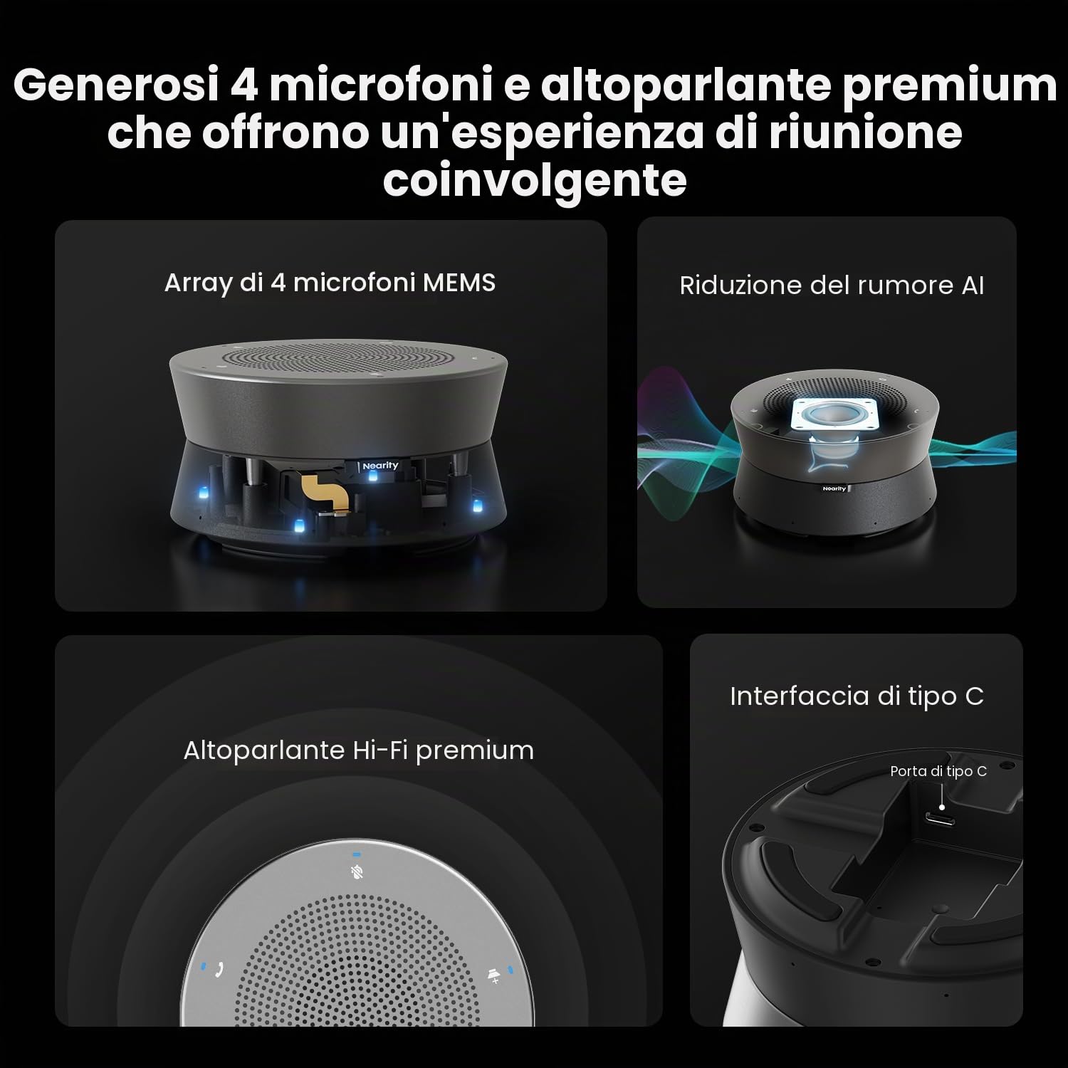 NEARITY A11 Altoparlante per conferenze, 4 microfoni USB Altoparlante AI con cancellazione del rumore 13ft Audio Pickup Plug and Play, per computer per conferenze online in ufficio