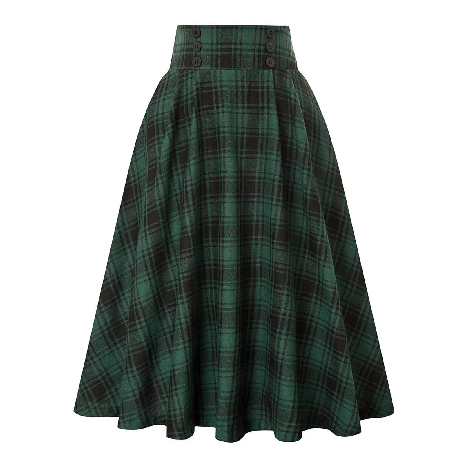 Spódnica damska spódnica w kratę z wysokim stanem zima vintage elegancka ciepła midi elastyczna talia linia A swing plisowana spódnica