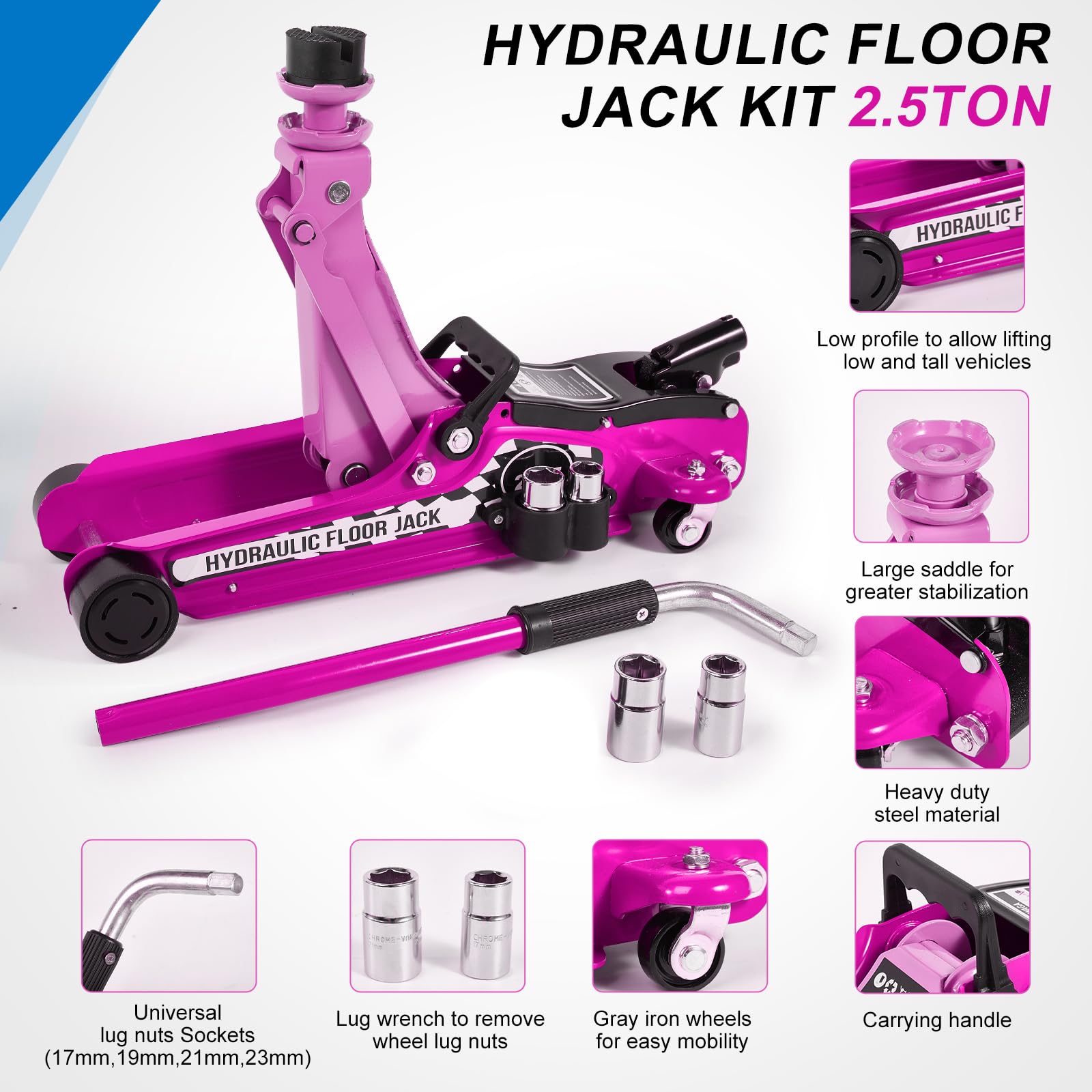 Kit cric da pavimento, 2,5 tonnellate (2,5 kg), cric idraulico a basso profilo, cric a carrello, kit di attrezzi per SUV e auto, kit universale con chiave a capocorda rosa