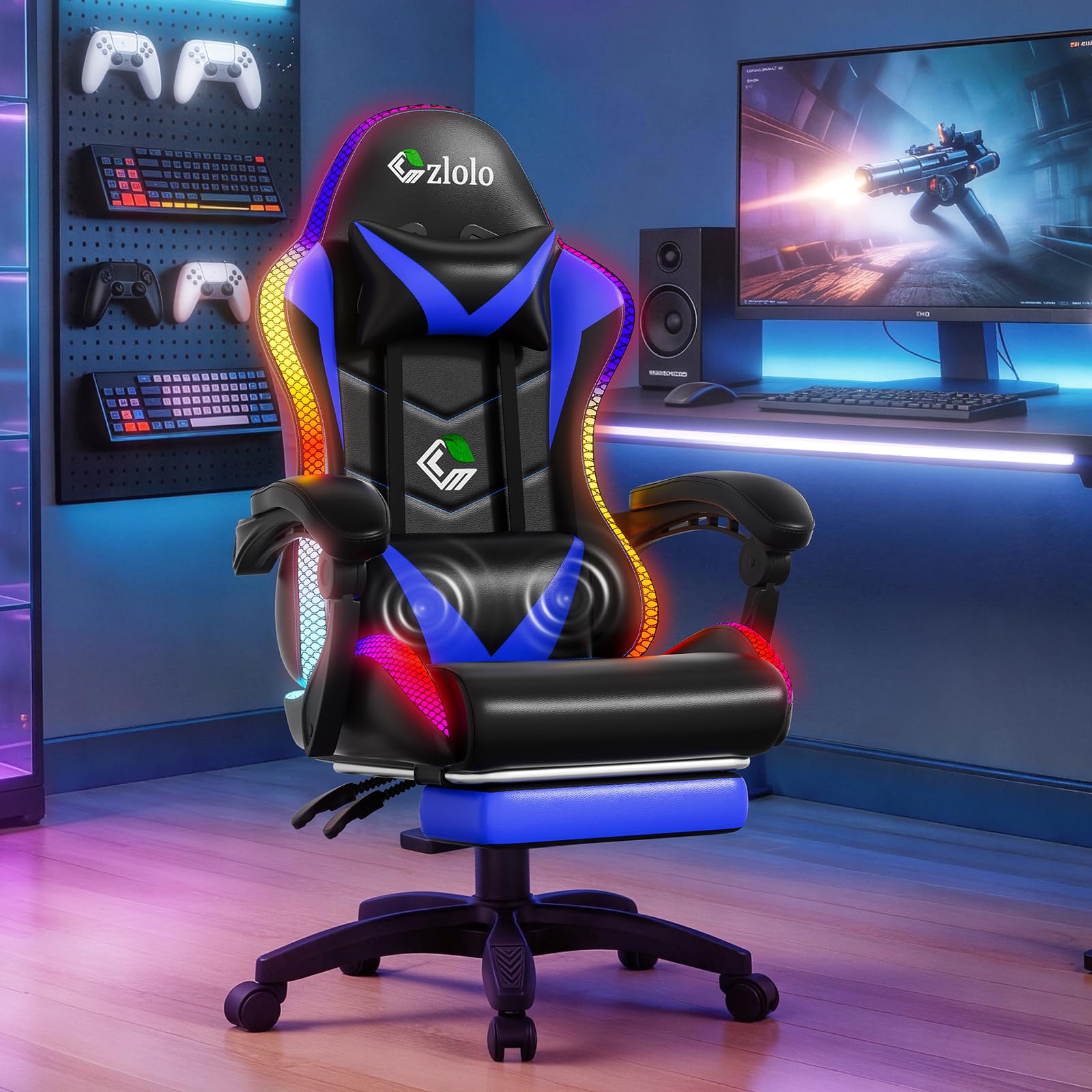 Czlolo Gaming Stuhl, RGB LED-Licht Gaming Sessel mit Fußstützen, Ergonomische Bürostuhl, Gaming PC Chair für Erwachsene und Kinder, Computer Stuhl mit Kopfstütze und Massge, Höhenverstellbar, Blau
