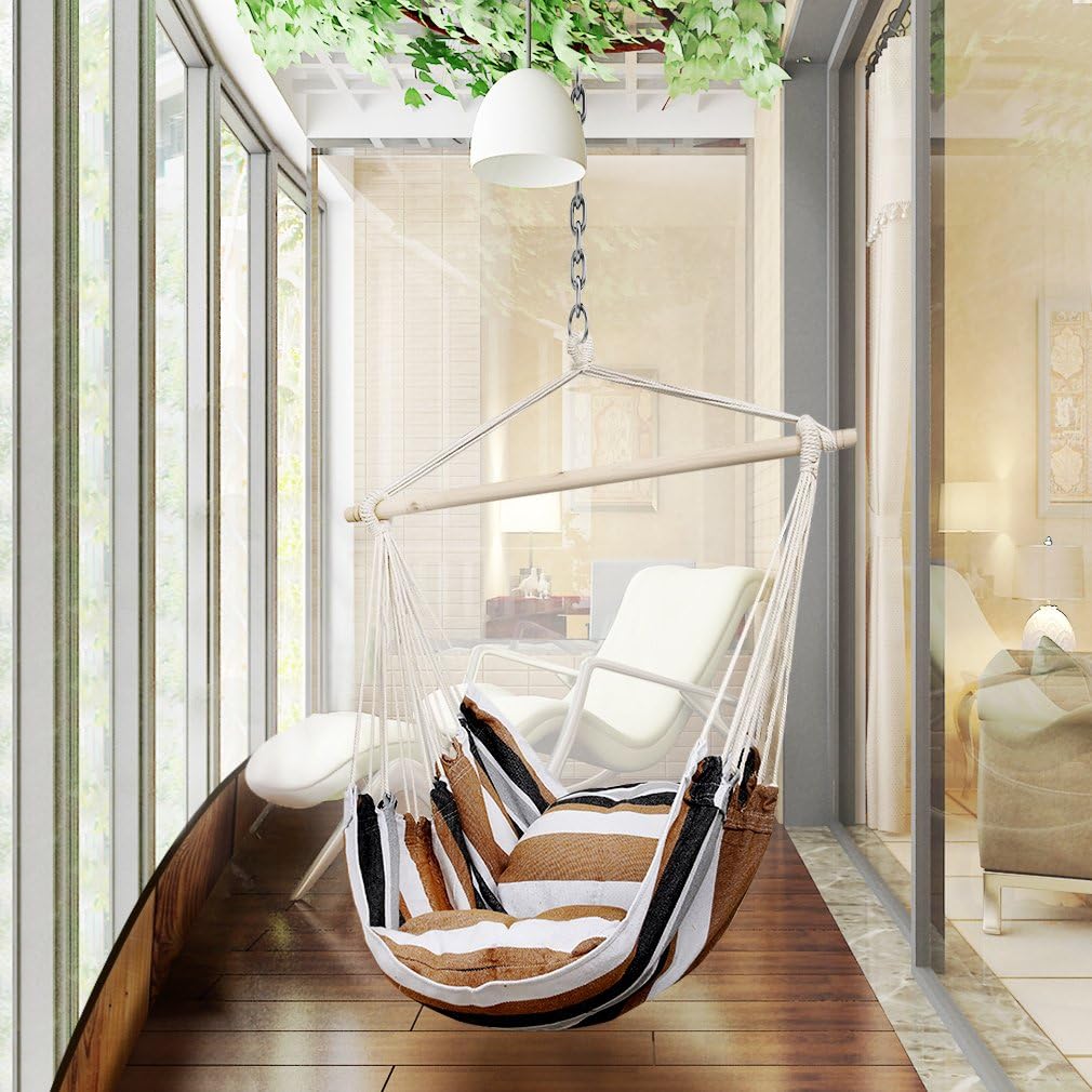 Holifine Garden Hanging Hammock Chair 100 x 130cm Outdoor Swing Seat with 2 Comfortable Cushion for Indoor and Outdoor Max Load 120 kg / 265 lbs - Brown Stripes