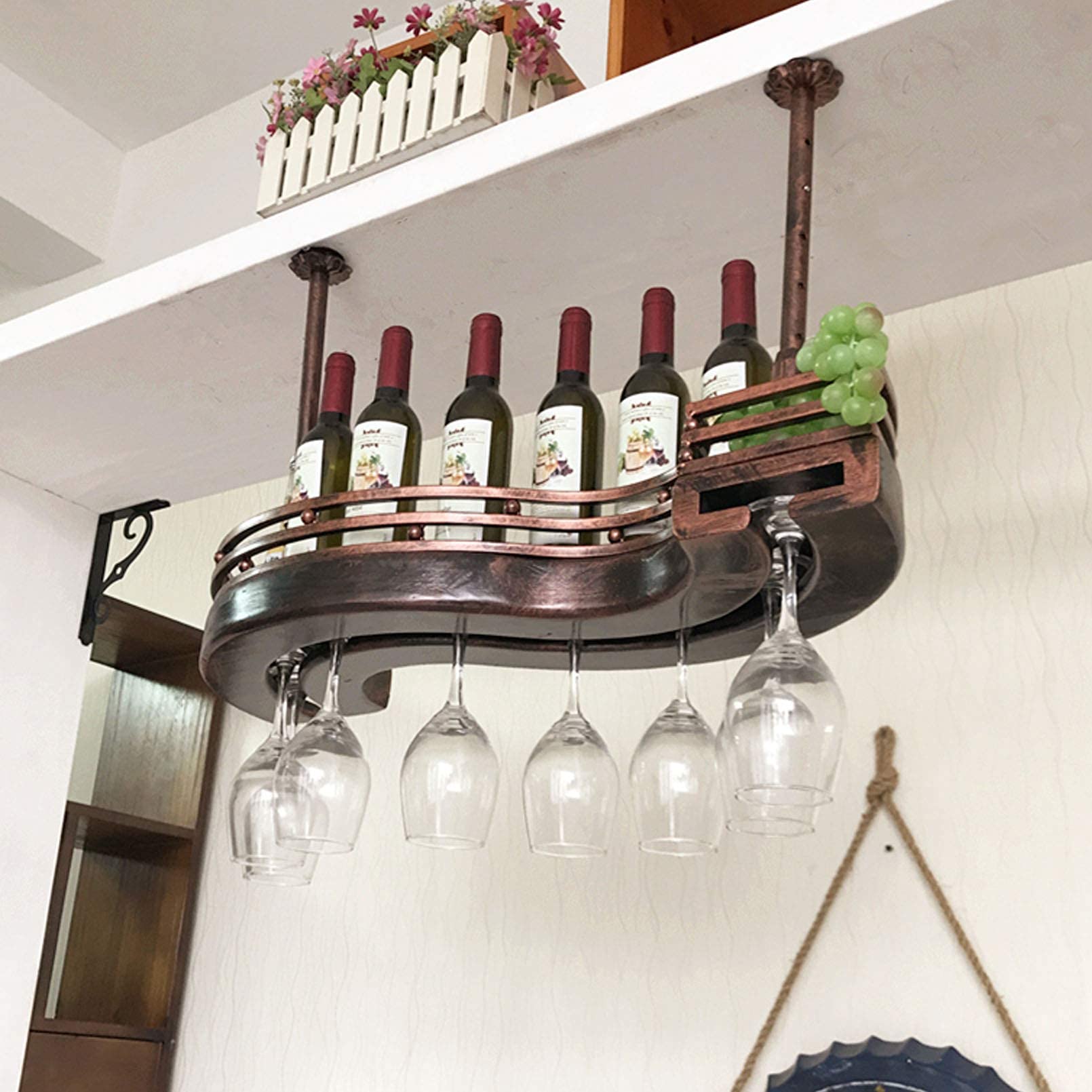 Porte-bouteille de vin et porte-verres suspendu de plafond style S en bronze