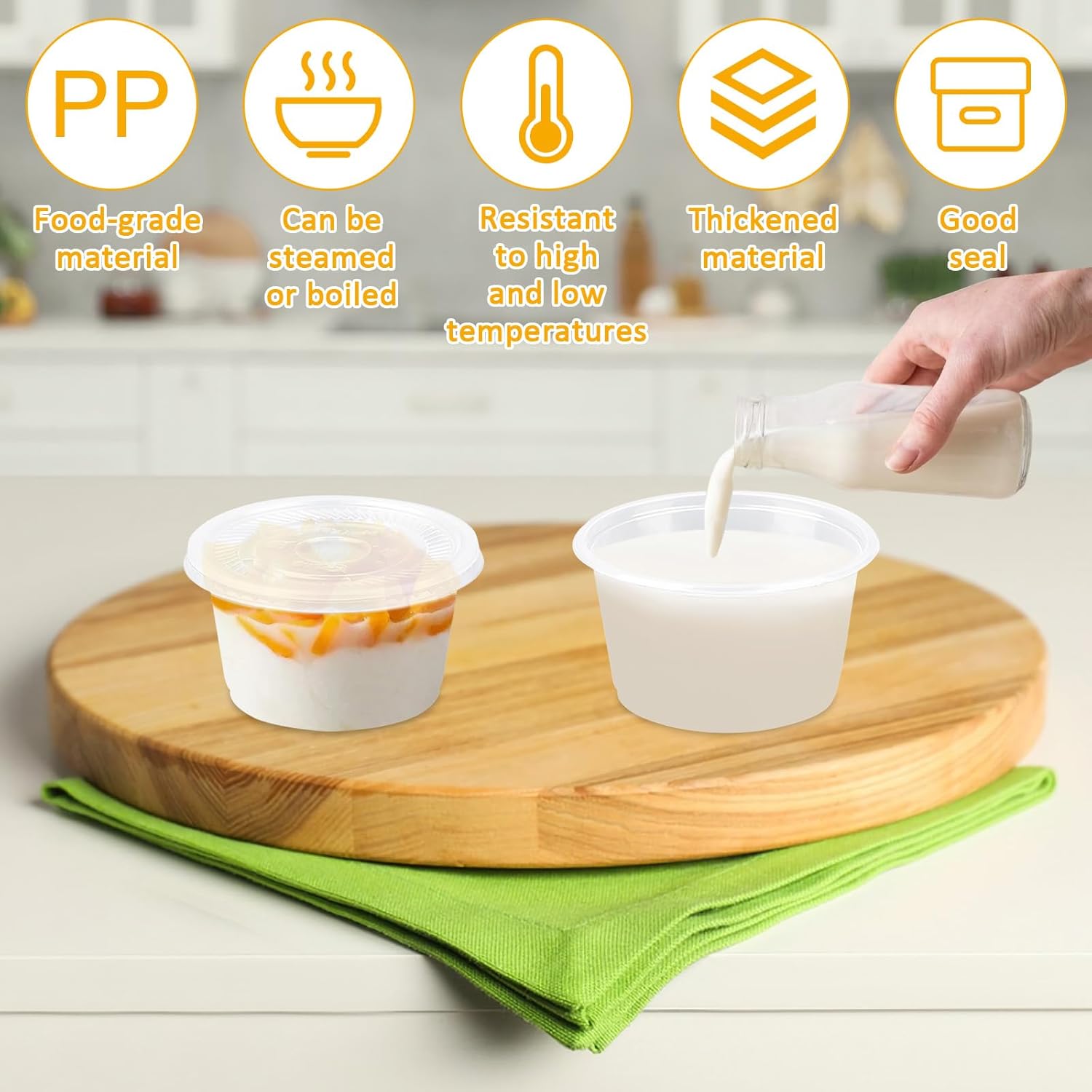 100 Set pudding cups with lids,Small Plastic Parfait Cups with Lids,Salad Dressing Container, Dipping Sauce Cups, Condiment Cups (Flat, 250ML/8OZ)