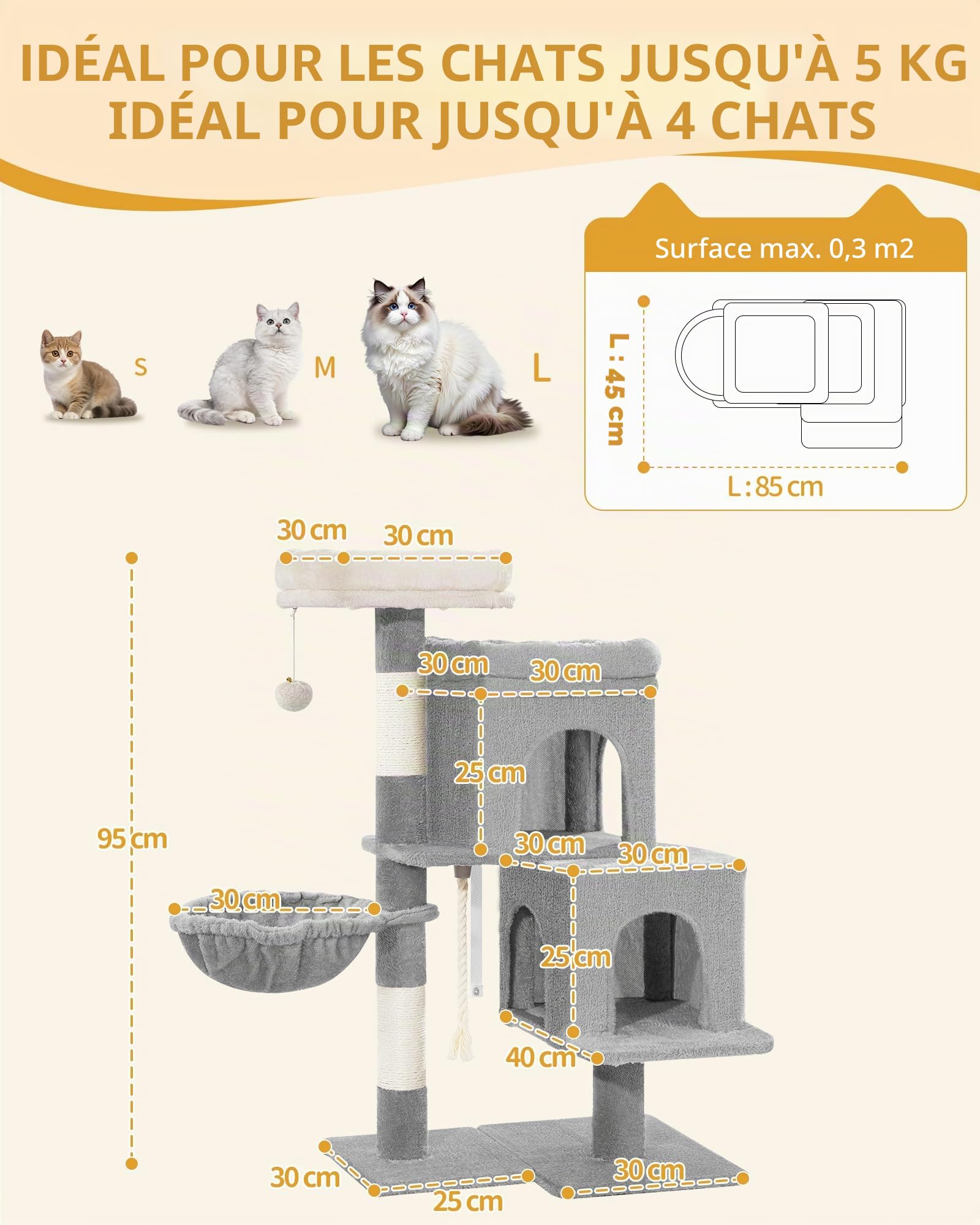 Hzuaneri Arbre a Chat, Petit Arbre à Chat de 95 cm, Spacieux et Stable, Fond Réglable, avec Grande Plateforme Souple, Pompons, Panier, Griffoir, Corde en Sisal, Gris Clair MS09718LG