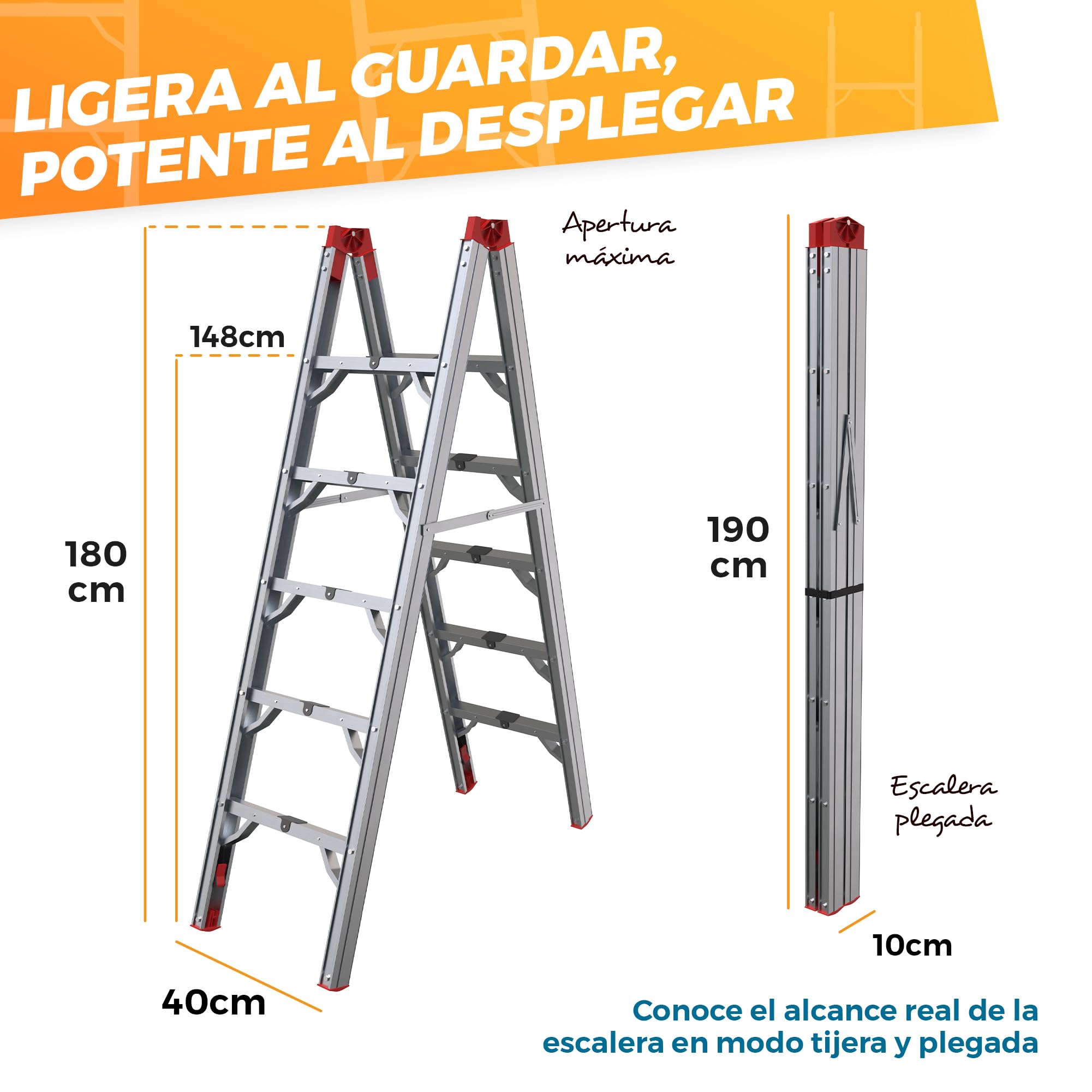 Escalera Plegable de Aluminio 5 Peldaños - Escaleras Plegables Aluminio 180 cm - Segura y Antideslizante para Hogar, Taller y Construcción - Plegado Compacto y Rápido para Espacios Reducidos