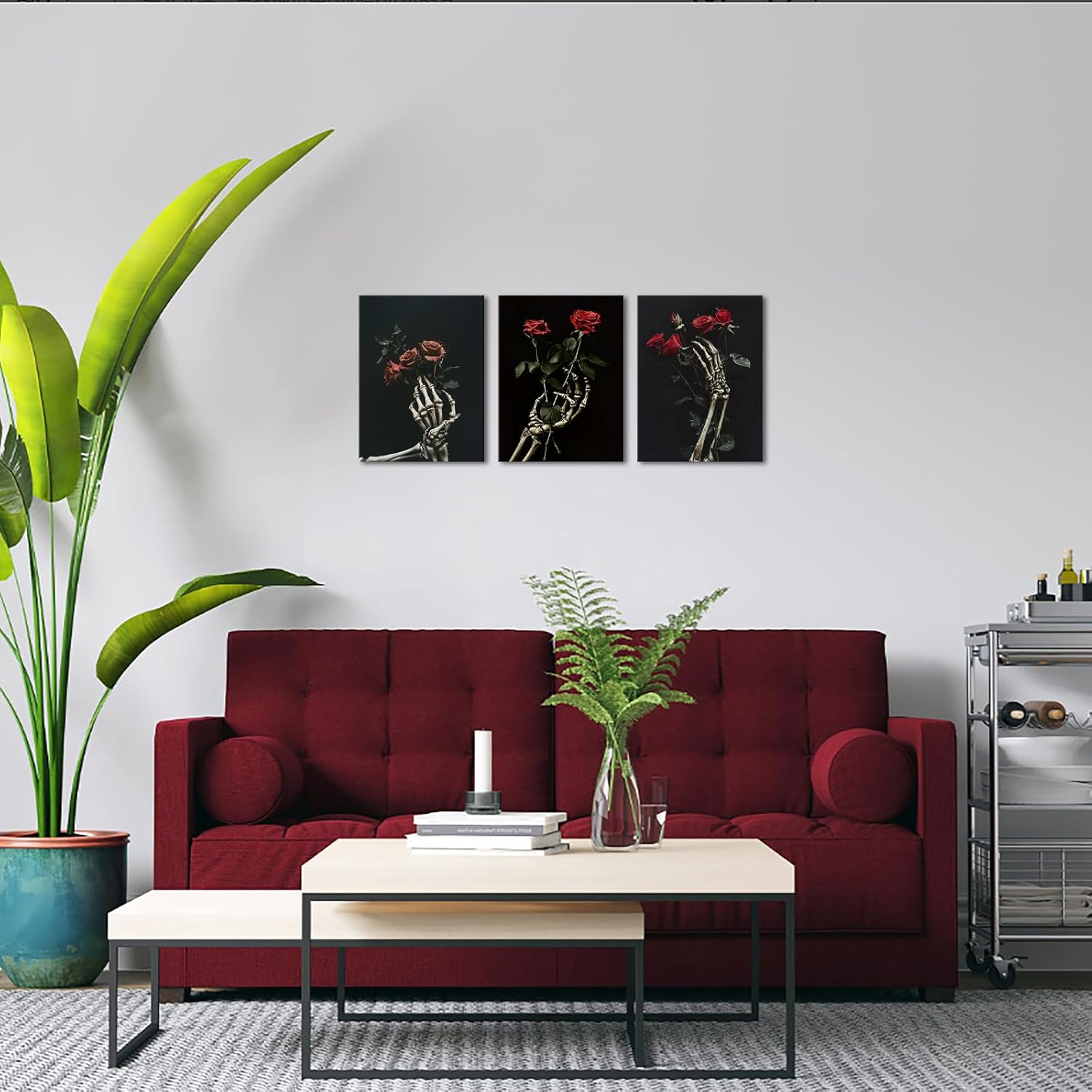 ChaudArt 3 Pieces Black and Grey Skull Wall Decor Pictures Skull Hand with Red Flowers Art Painting Halloween Decoration for Bedroom Living Room
