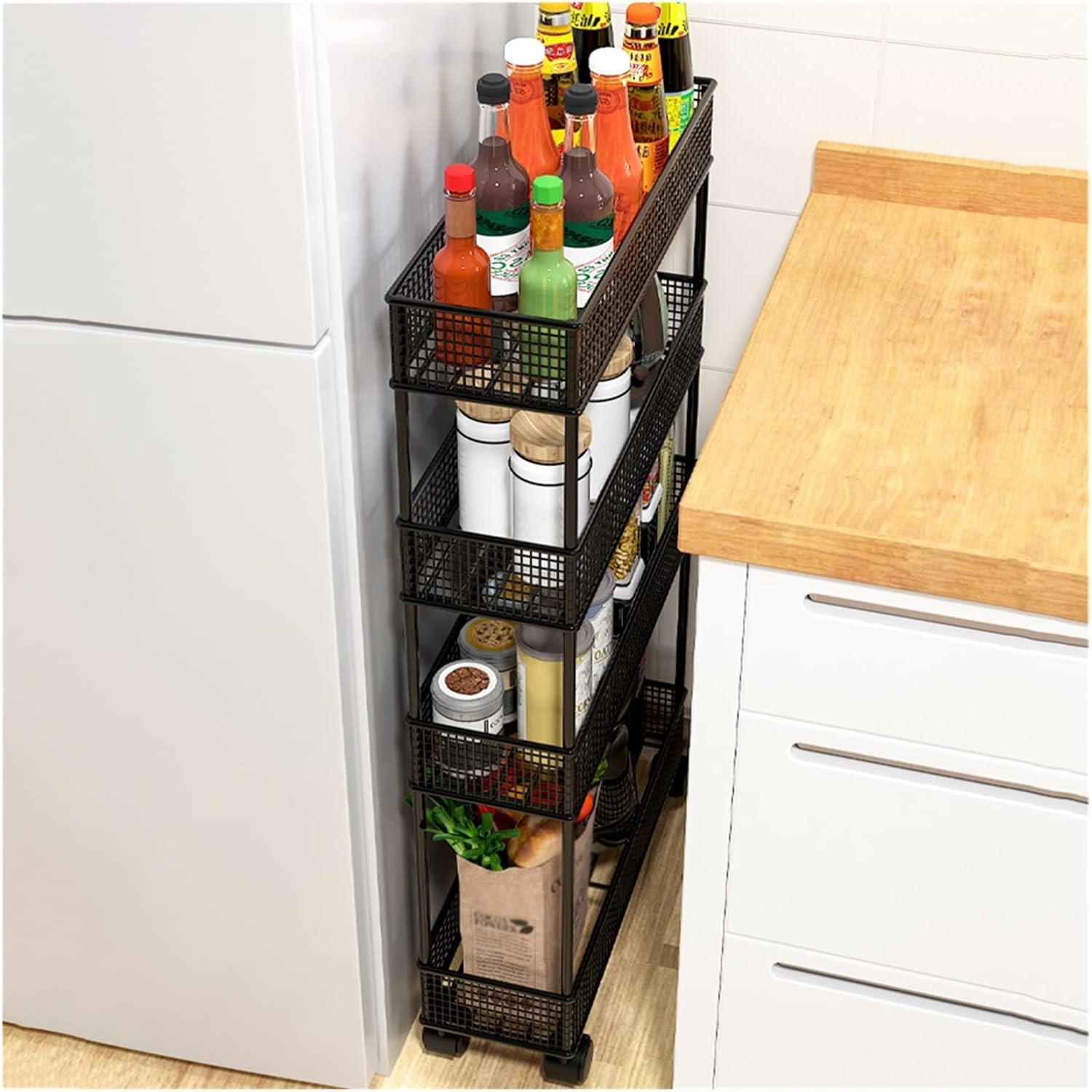 Bathroom Storage Cart with 4 Casters,Kitchen Trolley 4Tier Storage Trolley on