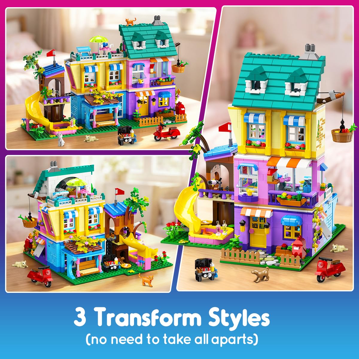 HOGOKIDS Friends Mädchen Familienhaus Bausteinset mit Licht & 4 Tierfiguren | 3 Bauvarianten Freunde Spielset mit Garten, 1154PCS Häus mit Baumhaus, Geburtstagsgeschenk für Mädchen Jungen ab 8 Jahren