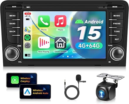 4G+64G Android 15 Car Stereo for Audi A3 S3 RS3 with Wireless Carplay Android Auto, 9 Inch 1024 * 600 Touch Screen GPS/WiFi/Bluetooth 5.0/ FM/32EQ/ SWC/Backup Camera