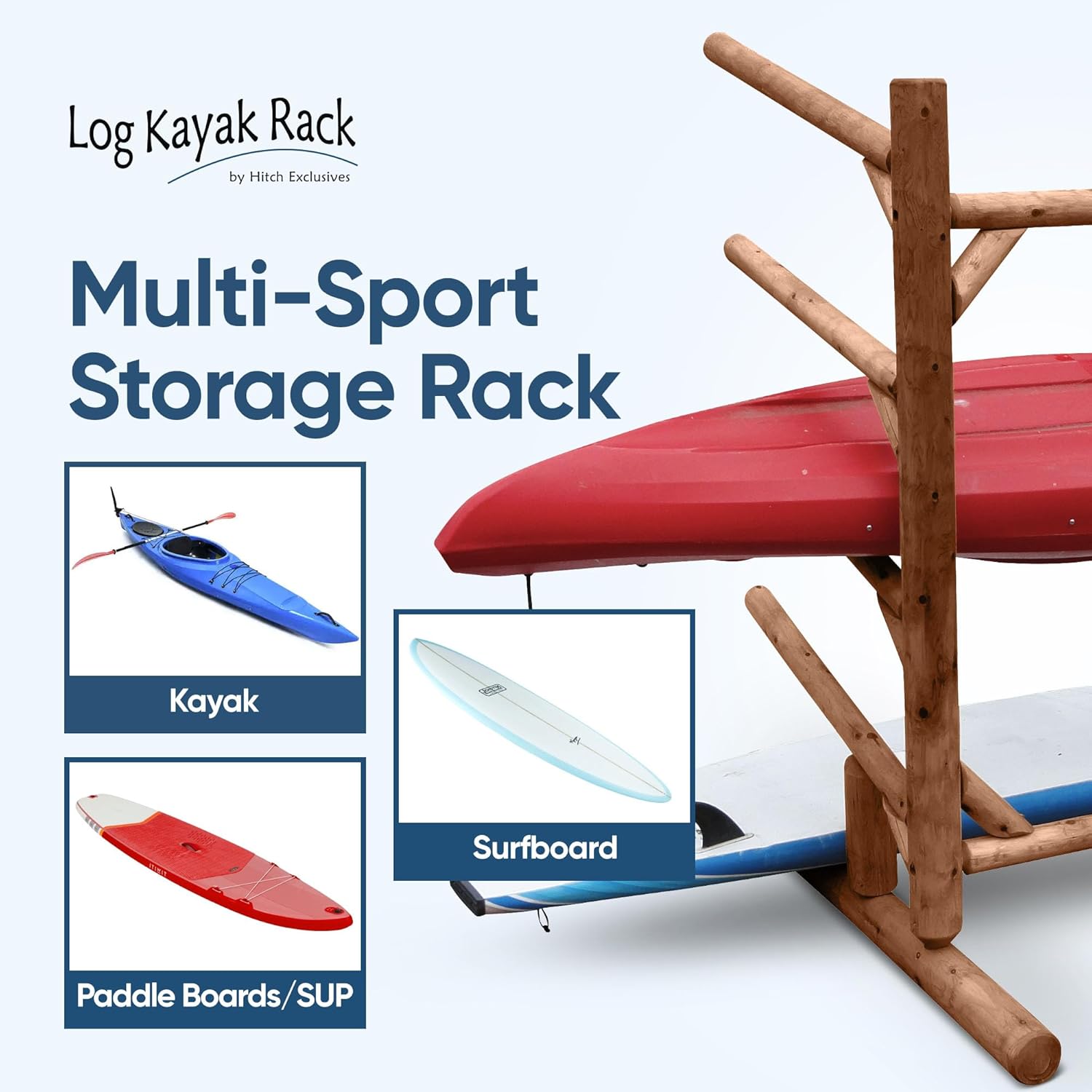 Log Kayak Rack 4-Place, One-Sided Kayak and SUP Log Racks, Surfboard Stand, Freestanding Outdoor Storage Rack, Surfboard Storage Racks, SUP Board Stand, Kayaks, Surfboards