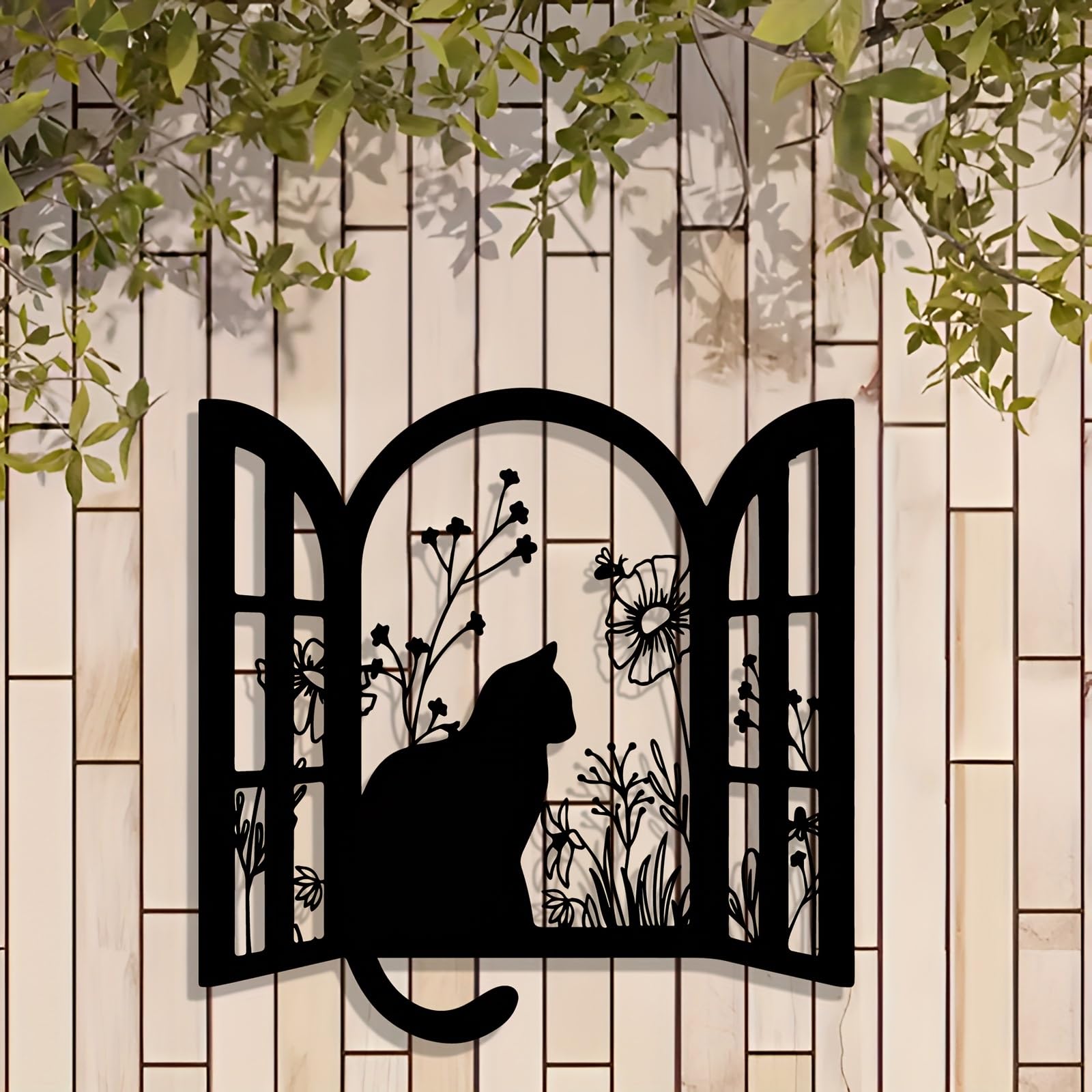 Generico Decoración de pared abstracta contemporánea de Metal con gato en la Ventana, escena Floral con silueta Negra, Hierro, para interiores, hogar, para enamorados (30 cm/11,81 pulgadas)