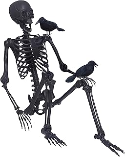 5.4Ft Halloween Skeleton,Posable Skeleton Full Size Skeleton with Movable Joints and 2PC Black Feathered Crows for Halloween Decorations Outside and Inside