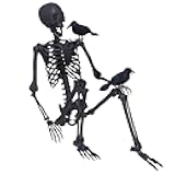 5.4Ft Halloween Skeleton,Posable Skeleton Full Size Skeleton with Movable Joints and 2PC Black Feathered Crows for Halloween Decorations Outside and Inside