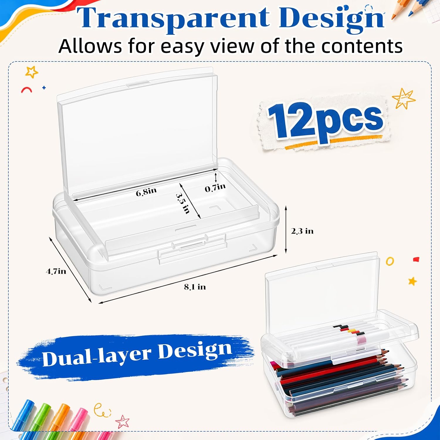 12 Pcs Double Layer Pencil Boxes Plastic Large Capacity