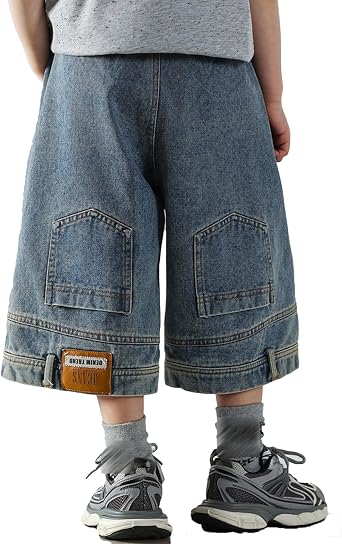 Teen Boys Baggy Denim Shorts Wide Leg Knee Length Cargo Jeans Pockets Hip Hop Skateboard Y2k Jorts Summer Shorts for Kids