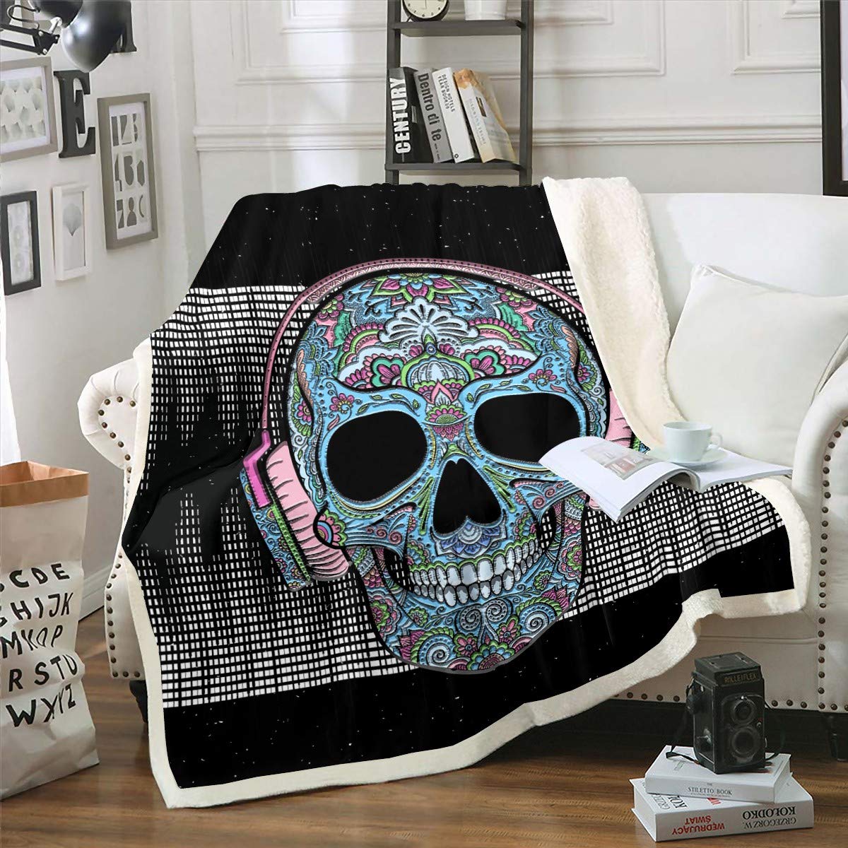 Sugar Skull Fleece Throw Blanket Punk Rocker Headphones Skull Pattern Sherpa Blanket Boys Girls Bohemian Skeleton Design Geometric for Sofa Bed Couch,King 87x94 Inch