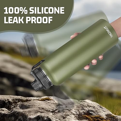 Miniatura 6 de MEZMUT Botella de agua aislada con popote y 2 tapas, botellas de agua de acero inoxidable de 40 onzas, botella de agua deportiva de metal de doble