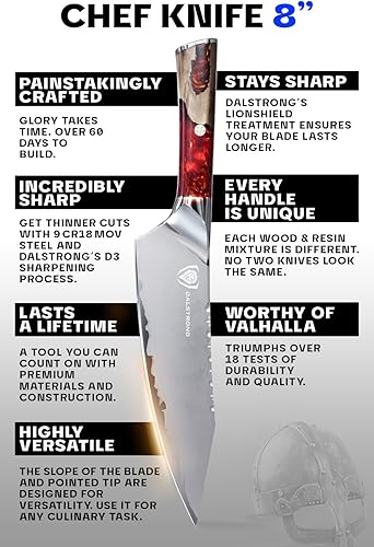 Miniatura 5 de Dalstrong Cuchillo de chef – 8 pulgadas – Serie Valhalla – Cuchillo de cocina de acero 9CR18MOV HC – Mango de resina roja y madera – Cuchillo de