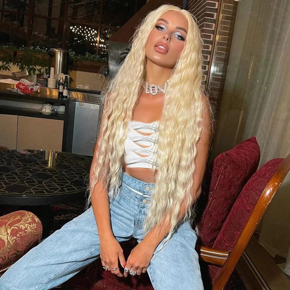 NOBLE STAR Long Curly Lace Front Wigs 30 Inches Middle Part HD Lace Front Wigs with Baby Hair Super Soft Bio Hair Synthetic Wigs for Women 130% Density (Light Blonde 613)