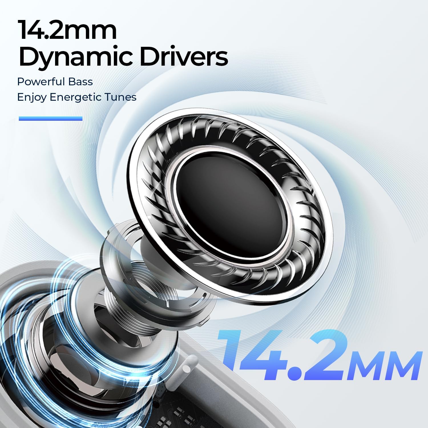Diagram of a 14.2mm dynamic driver, emphasizing powerful bass