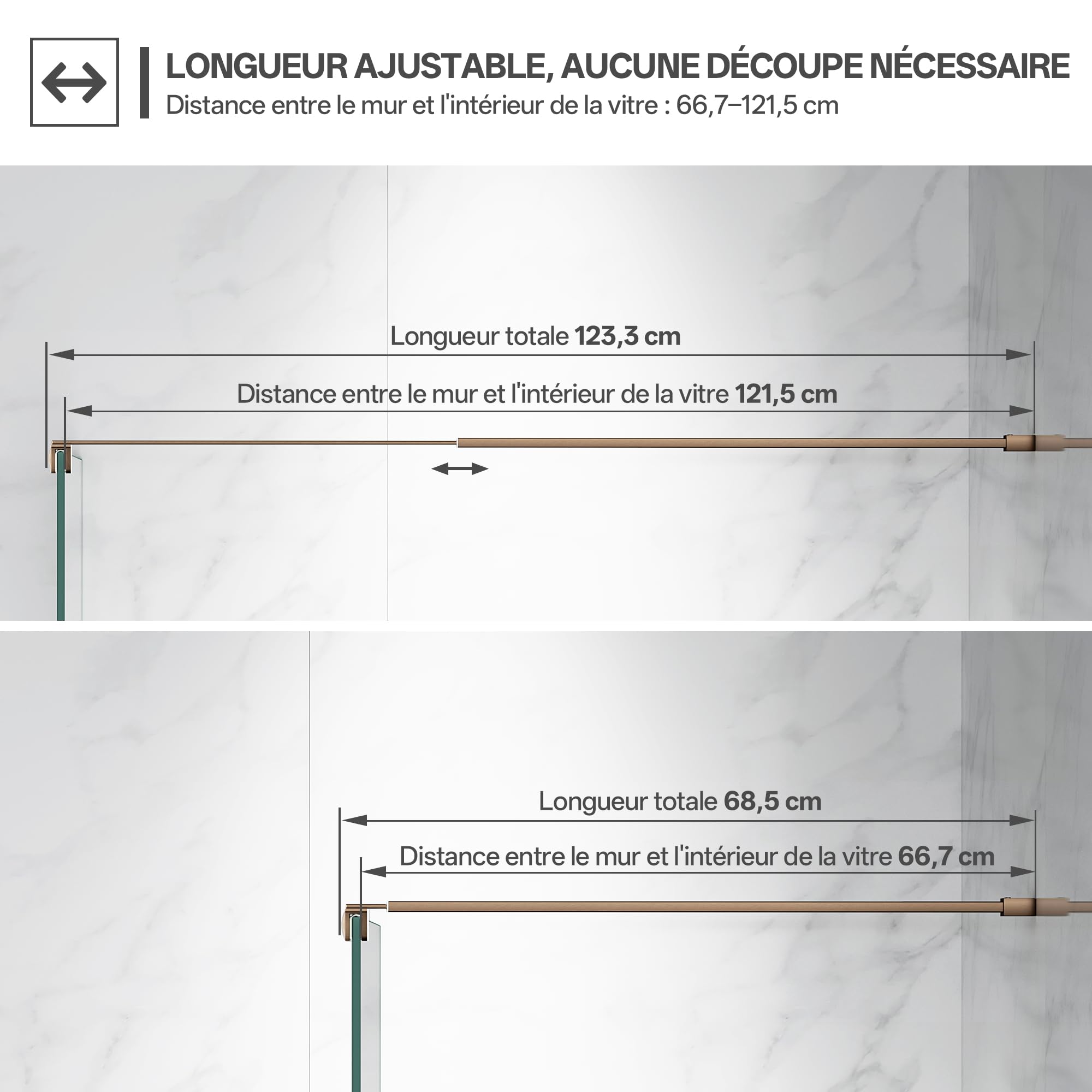 Barre de soutien pour paroi de douche 66,7-121,5 cm, or rose
