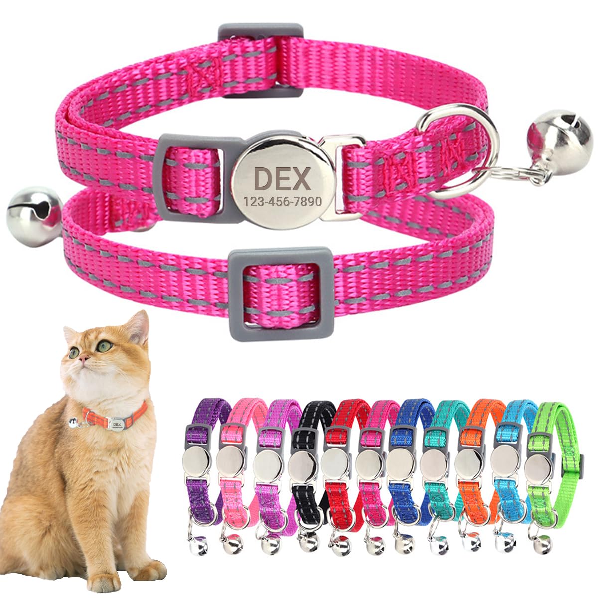Personalized Cat Collar with Bell,Reflective Custom Engraved Name and Phone Number ID Tag for Cats Kittens & Puppies,Breakaway Safety Round Buckle|Reflective Adjustable Collars(7.5'' - 12'')