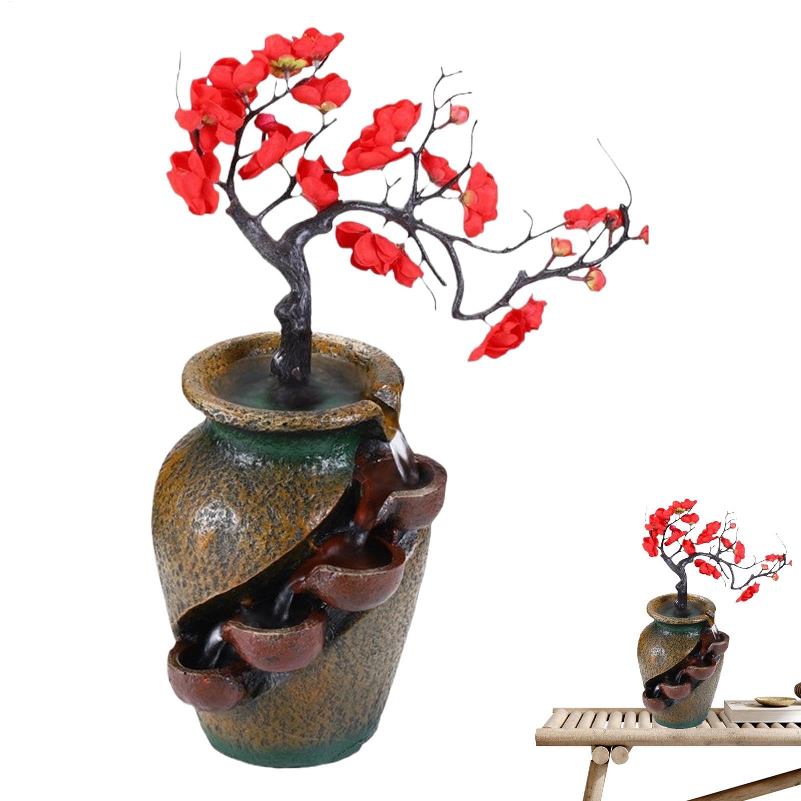 Vaso a cascata, fontana di animali - fontana da tavolo in resina torbida - flussi d'acqua e albero artificiale - Zen Relaxation Desktop Decorazione per la casa per camera da letto soggiorno | Ornamenti per acqua corrente per interni per sala da tè a sala