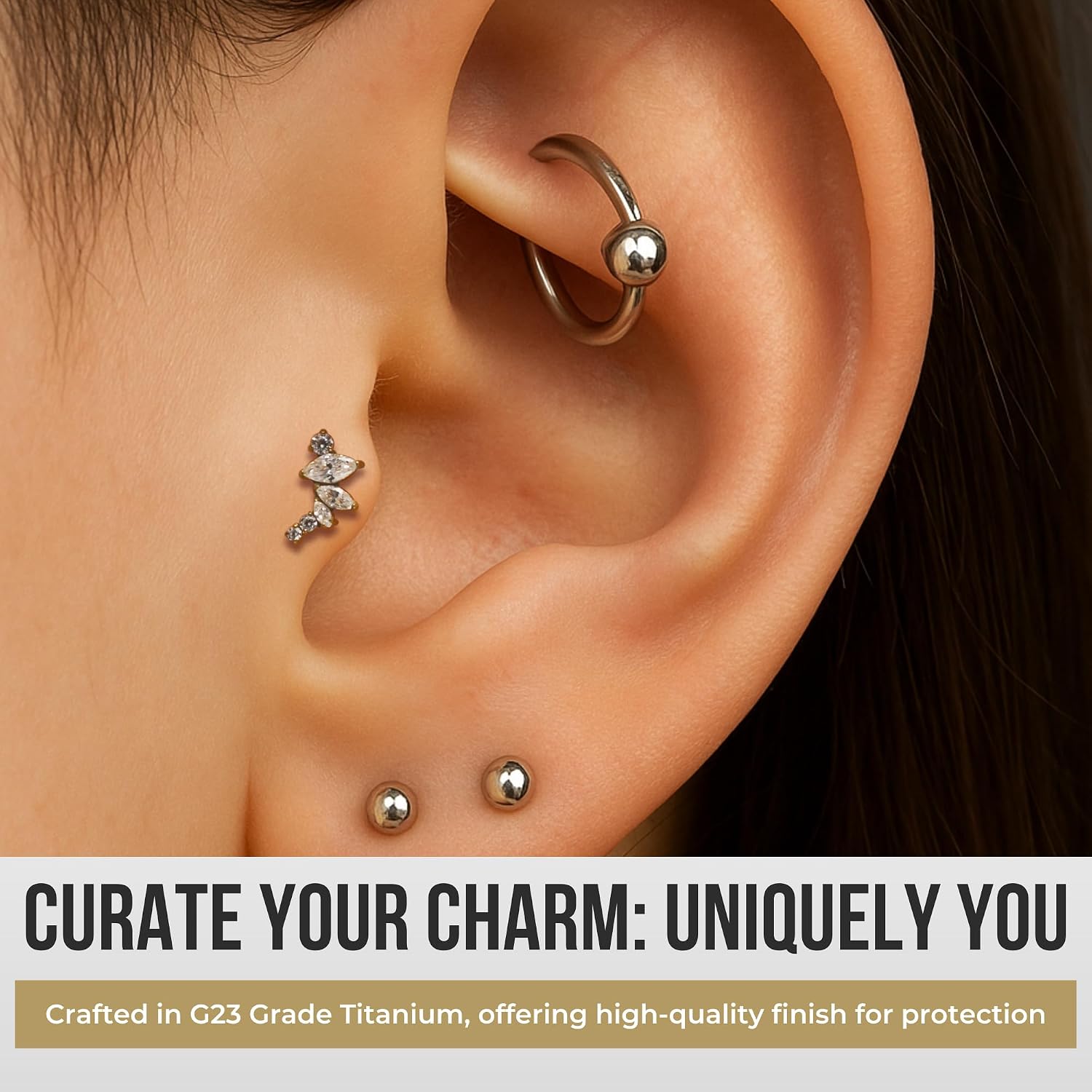 G23 Grade Titanium Marquise and Round Cz Stones Cluster Design Push Fit Top 16 Gauge , 18 Gauge - 6mm , 7mm , 8mm , 9mm , 10mm Length Flat Back Lip Labret Stud - Tragus Earring - Cartilage , Helix - Tragus Piercing Jewelry