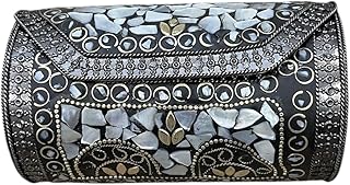 Mini Vintage Metal Clutch Purse, Mother of Pearl Mosaic Design, Black Metal Frame with Crystals-picture-19