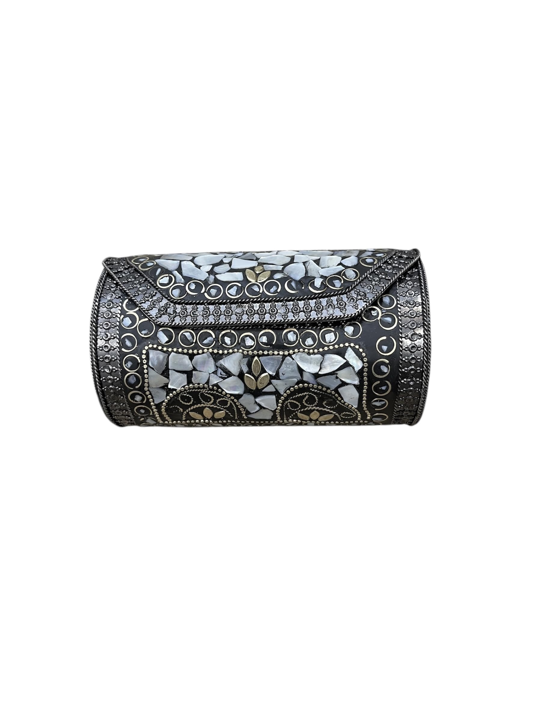 Mini Vintage Metal Clutch Purse, Mother of Pearl Mosaic Design, Black Metal Frame with Crystals-image-3