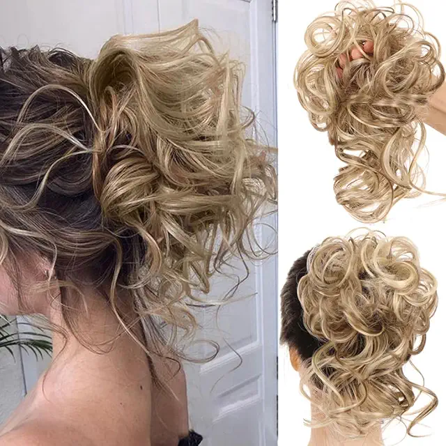 RPAEOY Postiche Cheveux 2 Pièces Chignon Bouclé Élastique Naturel Marron Clair