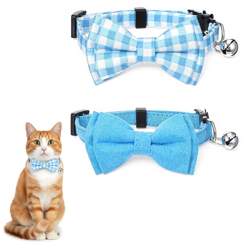 Coleira para Gatos com Gravata-Borboleta, Guizo e Fecho Breakaway Macuezu Azul, Pacote com 2