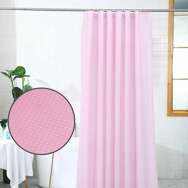 Glamified Waffle Grey Shower Curtains Mould proof Resistant Washable, Water Repellent Heavy Duty Weighted Fabric Shower Curtains Bathroom 180 x 180cm Drop (Pink)