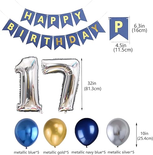 Miniatura 4 de Decoración de fiesta de cumpleaños número 17 para niños, pancarta de feliz cumpleaños, globos azules del número 17, globos metálicos plateados,