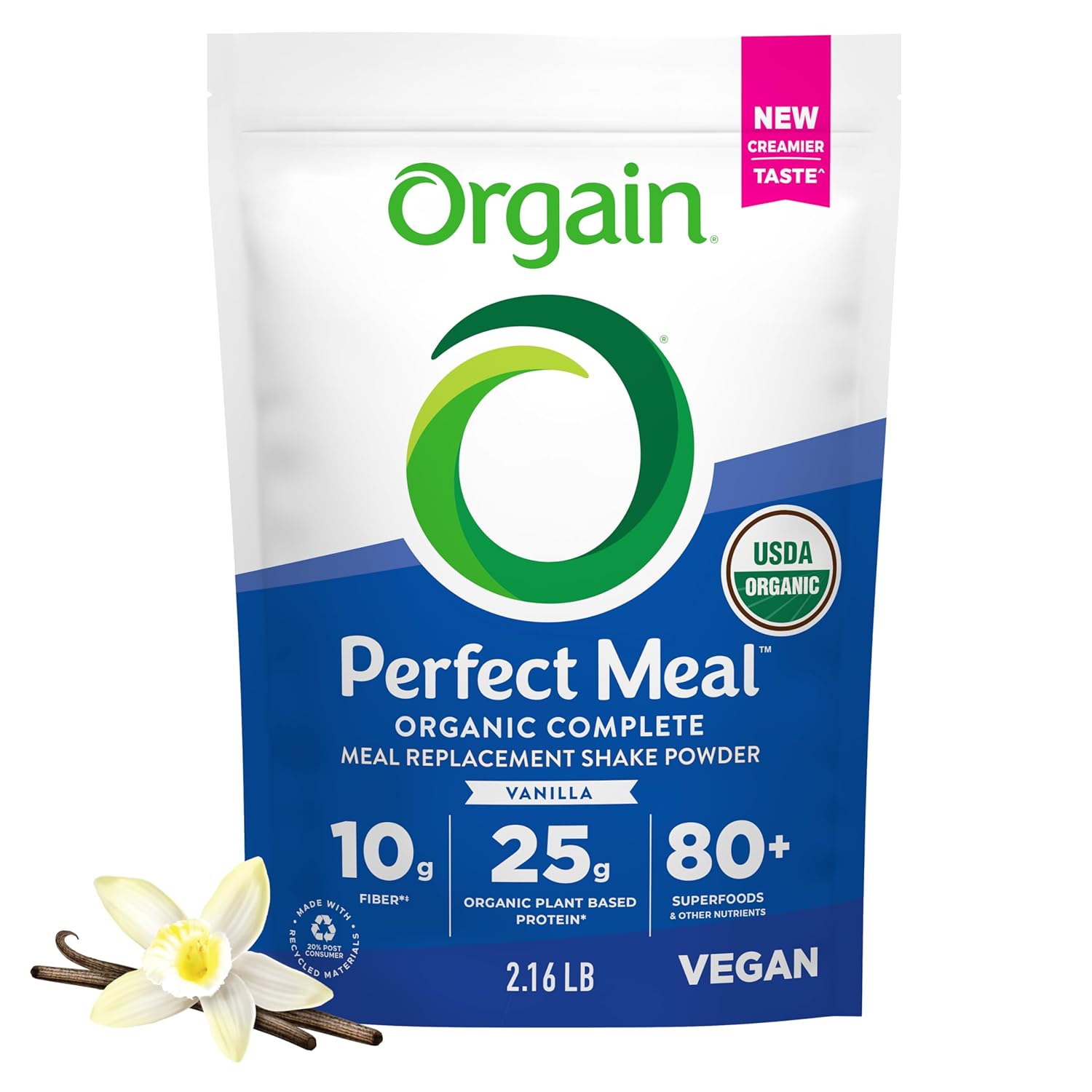Orgain Perfect Meal, Organic, Vegan Meal Replacement Protein Powder, Vanilla - 25g Plant Based Protein, 80+ Superfoods, 1B Probiotics & 10g Fiber, Adaptogens & Ashwagandha - 2.16lb