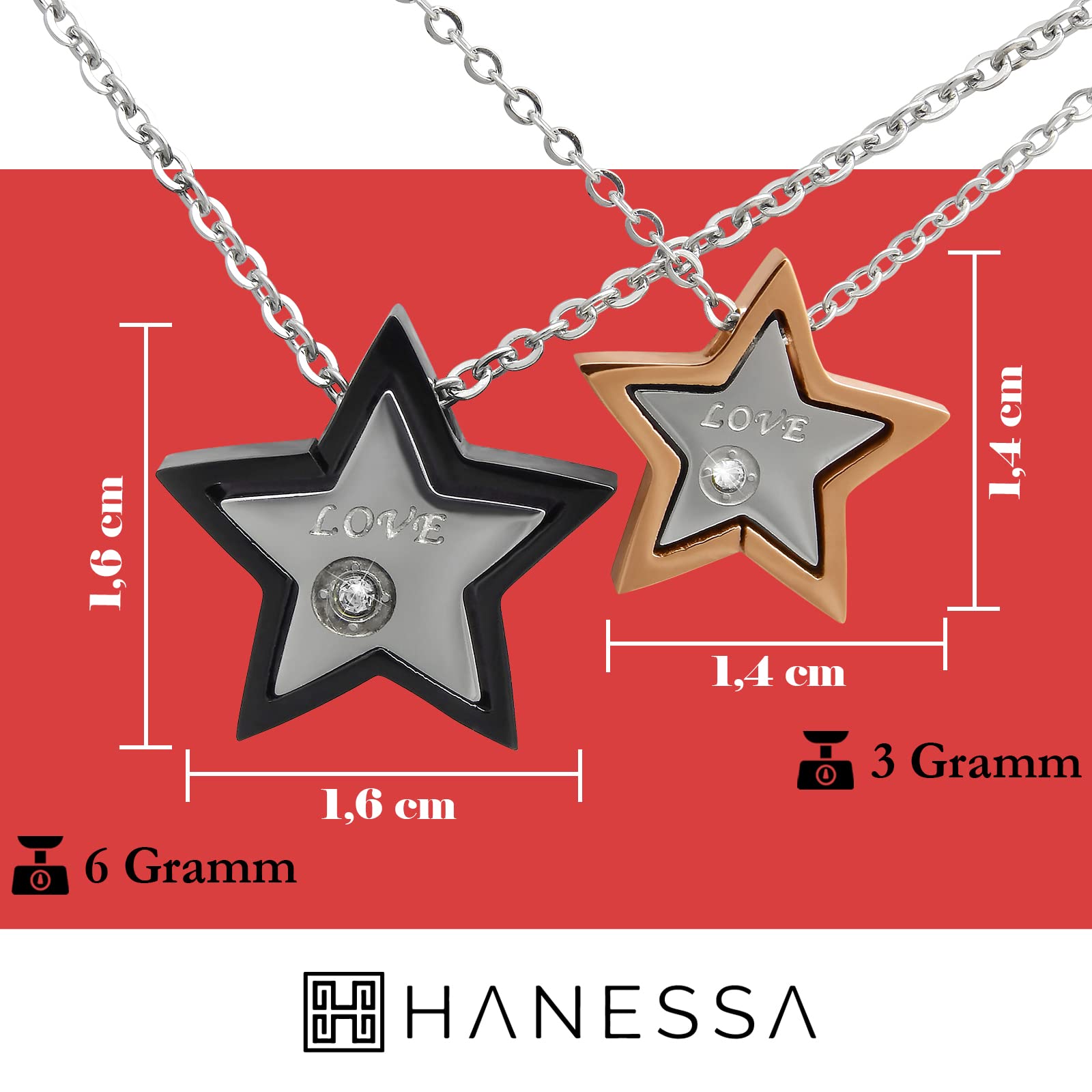 2 Stück Personalisierte Kette mit Gravur Edelstahl 45 cm mit Anhänger Stern mit Datum in silber schwarz gold - Personalisierte Geschenke für Damen Herren Freundin Freund - Partner Halskette