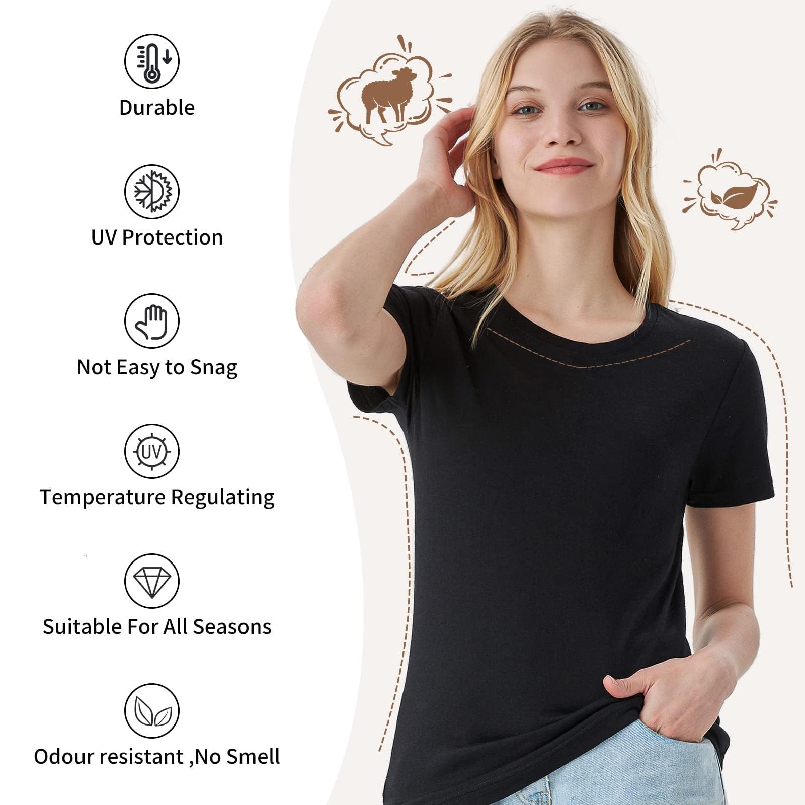 Merino Protect 100% Lana Merino Magliette Donne Collo Rotondo Maniche Corte Resistenza Odore Strato Base Viaggio Escursionismo Base Layer