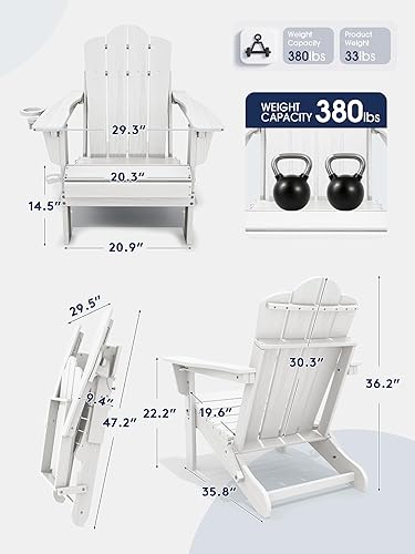 Miniatura 3 de KINGYES Juego de 2 sillas Adirondack de HDPE con respaldo ajustable plegable, color blanco