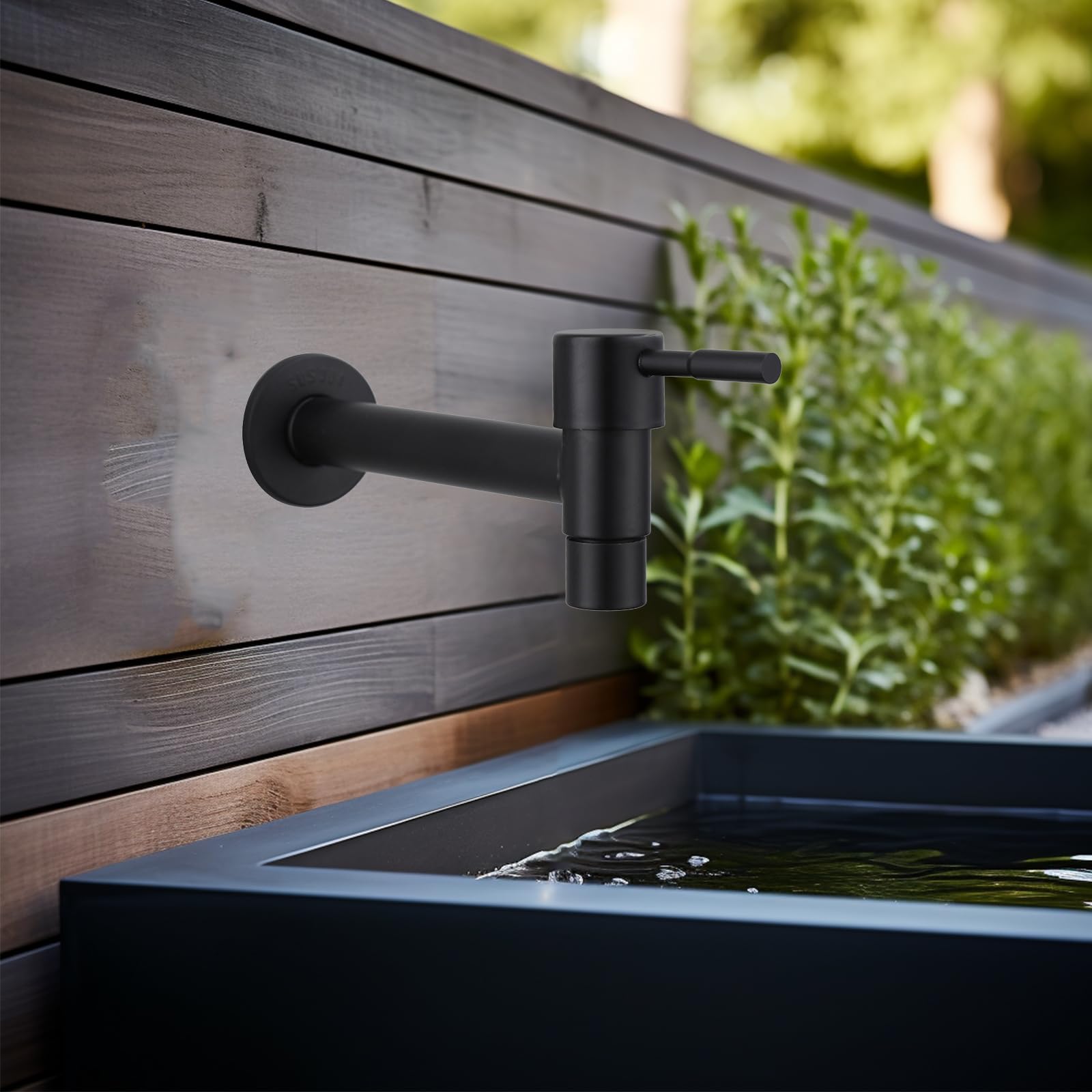Robinet d'eau froide - En acier inoxydable - Monté au mur - Noir mat - Long robinet mural, Accessoire Salle de Bain, pour Lavabo, Balcon, Cuisine (noir)