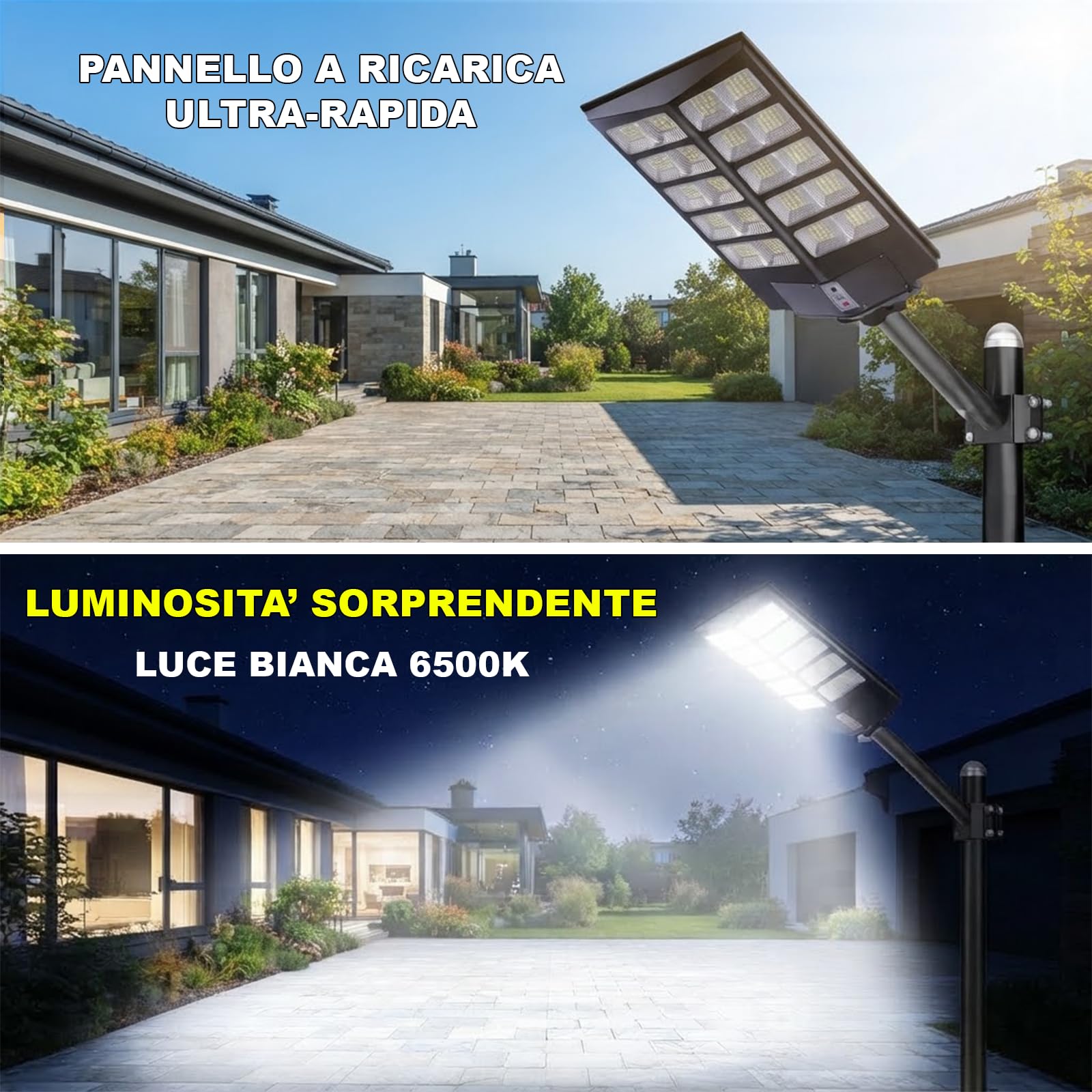 Lampione LED 1200W con Pannello Solare, Luce Esterno 6500K Ultra Potente, Sensore Crepuscolare e Movimento, Automatico, Telecomando + Staffa, IP66 Impermeabile, Faretto per Giardino, Cortile, Strada