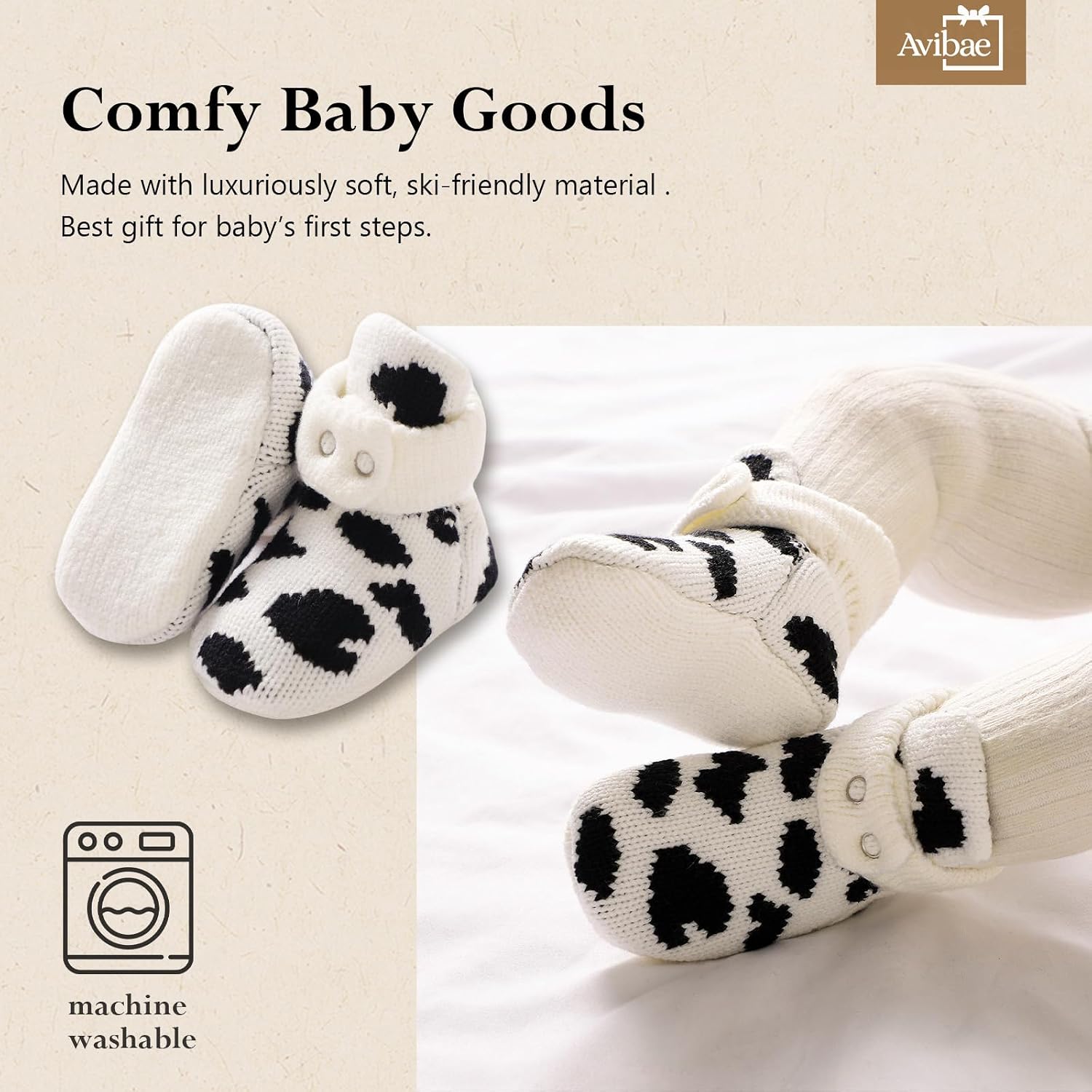 Avibae Cozy Baby Booties, Two Snap Closure Warm Infant Girl Boy Socks Bootie, Newborn Knit Shoes for 0-9 Months