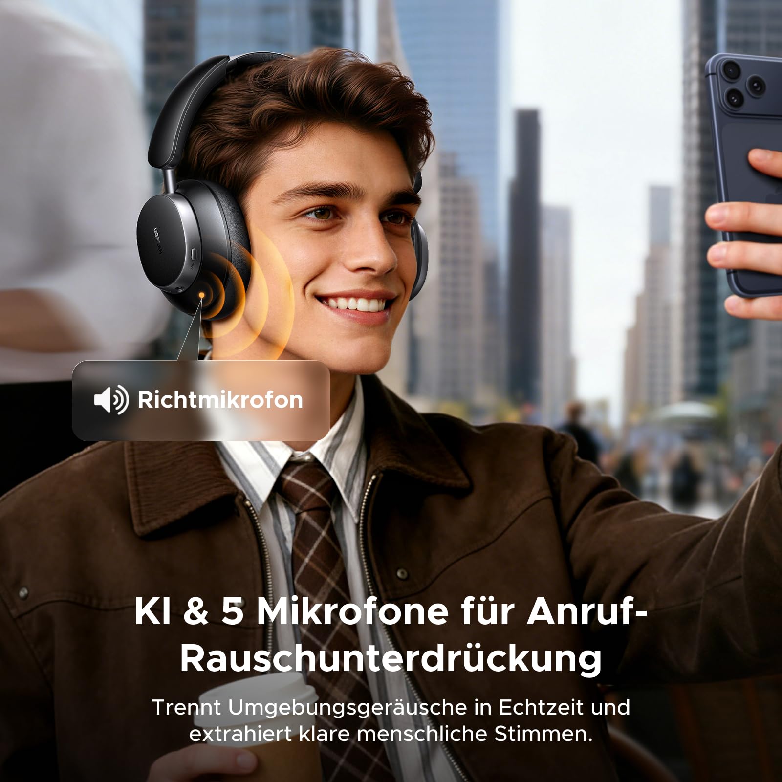UGREEN Studio Pro kopfhörer Kabellos Bluetooth Over Ear mit Hybrid Adaptive Active Noise Cancelling, Bluetooth 6.0, Hi-Res Dual, LDAC, 120h Spielzeit, Spatial Audio, EQ in App, Duale Verbindung