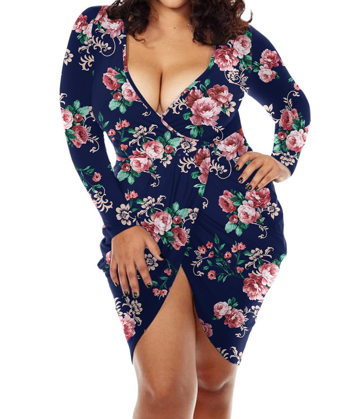 POSESHE Womens Plus Size Deep V Neck Bodycon Wrap Dress with Front Slit