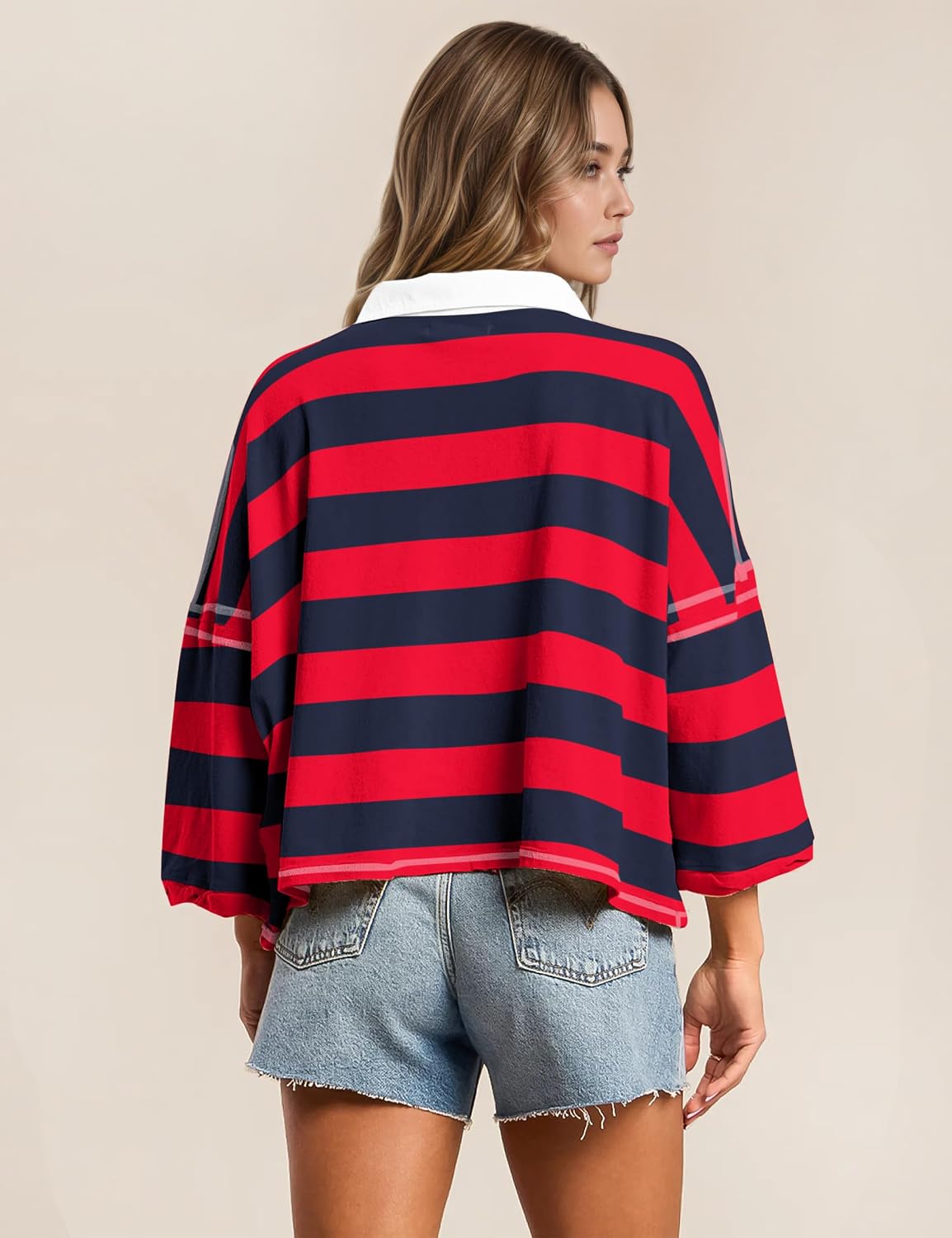 Meladyan Women's Oversized Striped Polo Shirt 3/4 Sleeve Cropped Boxy Tees Side Split Button Front Lapel V Neck T-Shirts