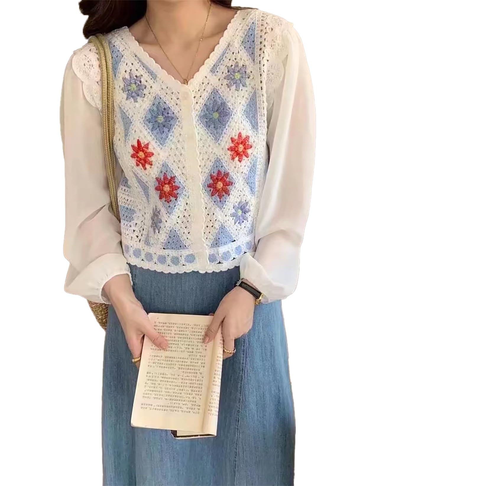 icw Women's Retro Style Boho V-Neck Floral Print Crochet Hollow Out Puff Sleeve Botton-up Crop Top Shirt DN66-picture-48