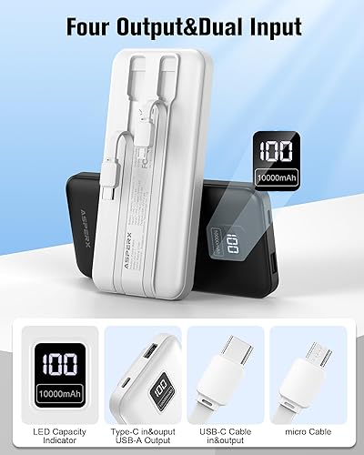 Miniatura 2 de AsperX Paquete de 2 cargadores portátiles de 10000 mAh, cargador USB C, carga rápida con cables integrados, pantalla LED, batería externa para